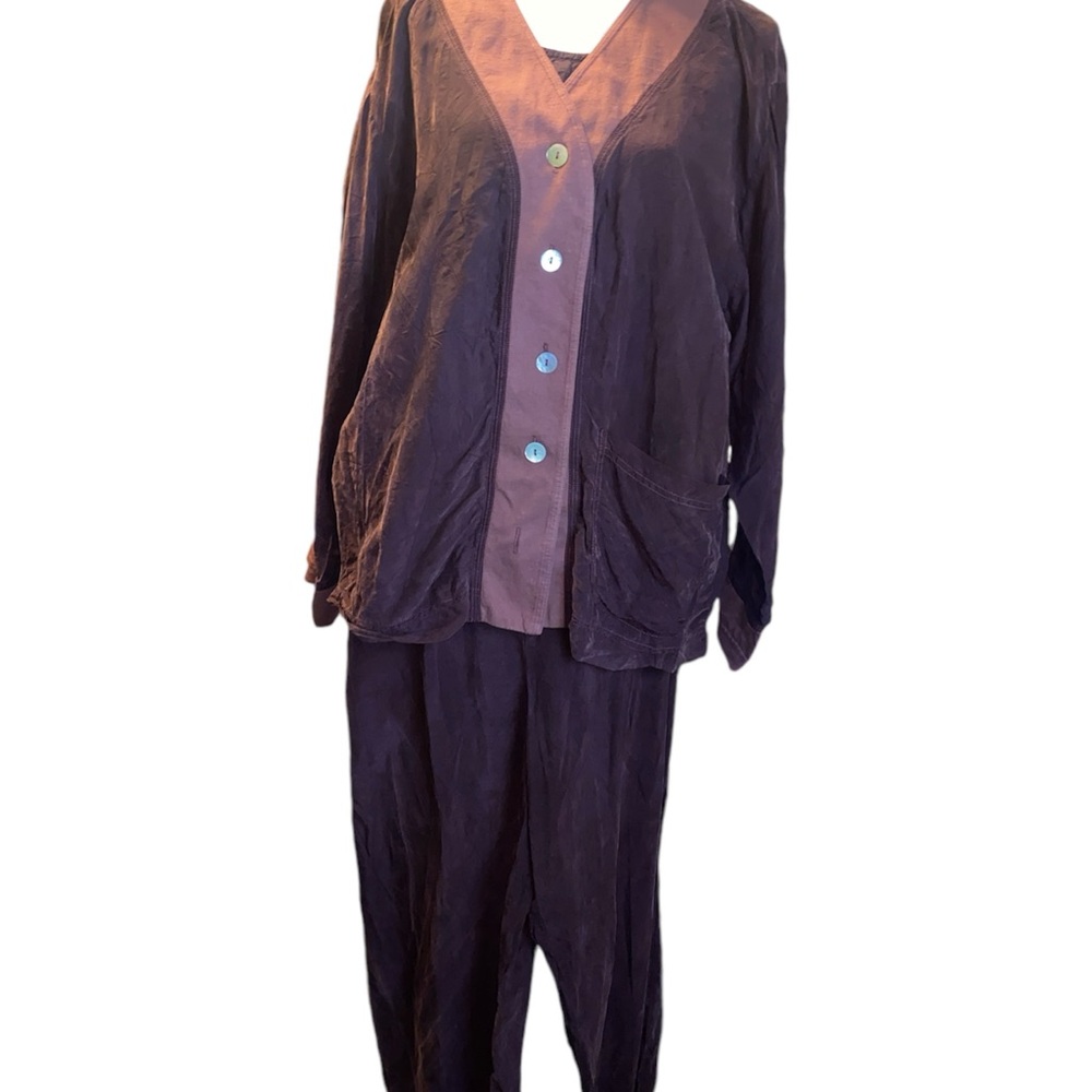 Johnny Was 3 Piece Set Vintage Satin Lounge Pants Jacket Top Brown Purple Medium